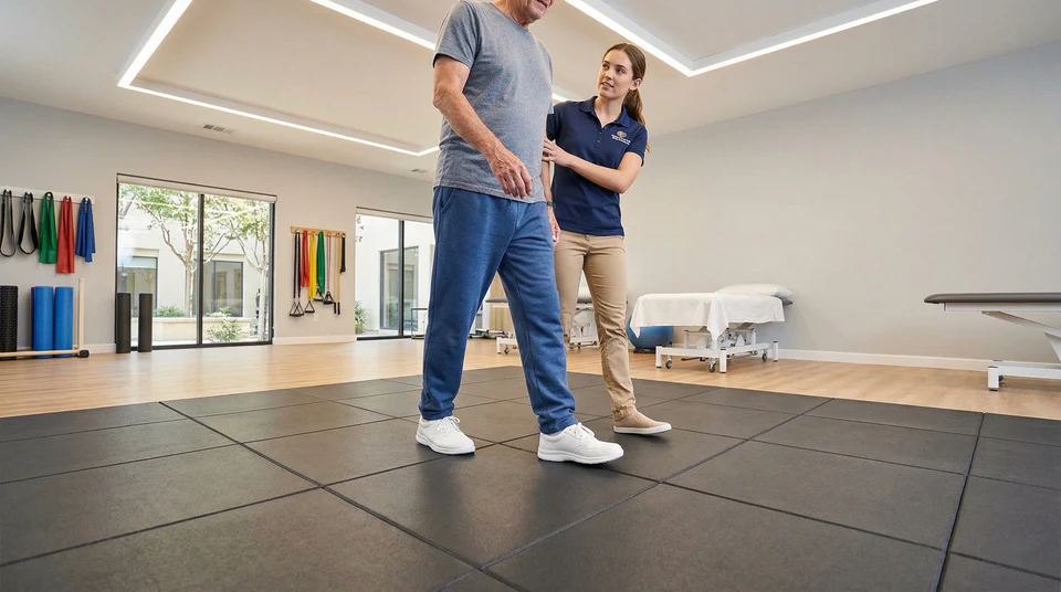 PZH certified rubber safety flooring in medical rehab room