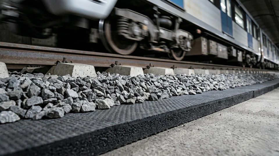 Under-ballast vibration damping rubber mat beneath railway track