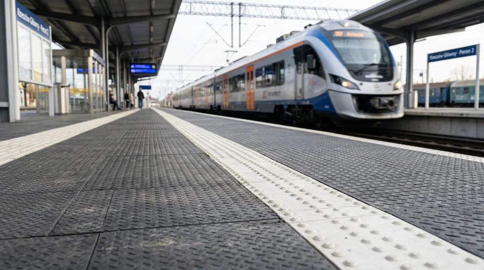 Textured rubber safety surface on train platform
