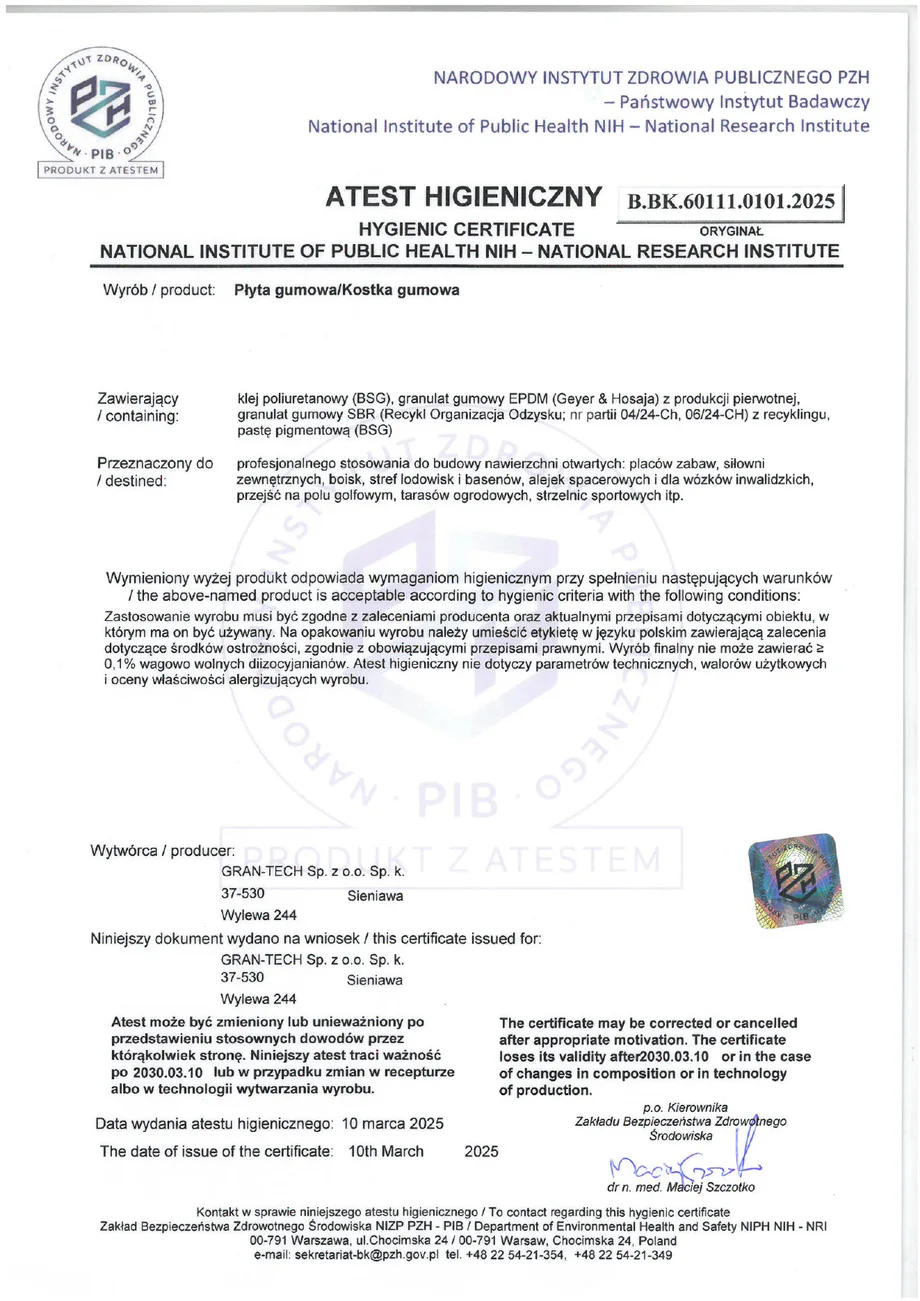 PZH hygienic certificate preview for rubber tile and paver products